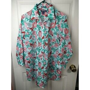 Lands' End Womens 14 Aqua Floral No Iron Button Up 3/4 Sleeve  Shirt Tunic